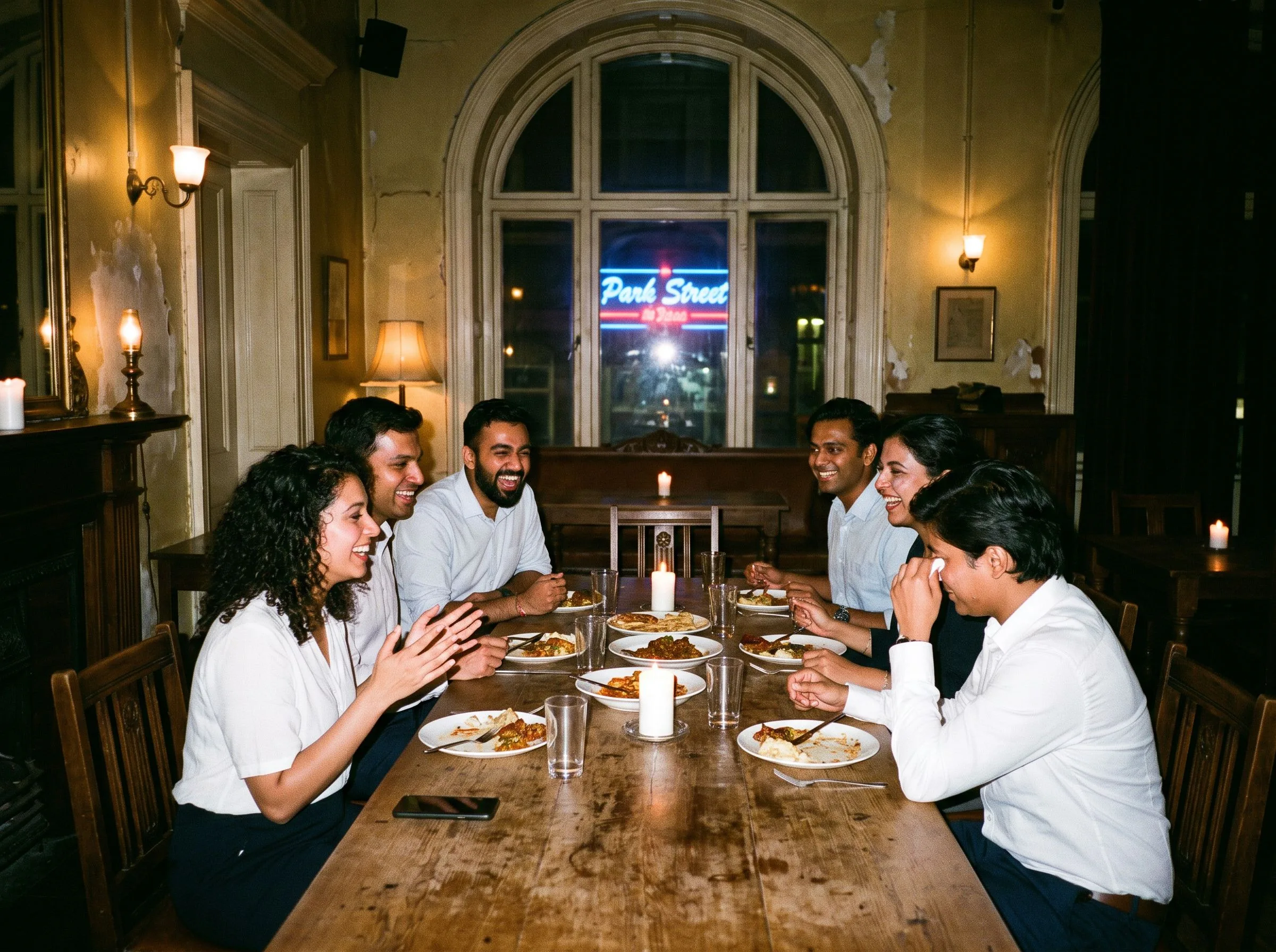 A long chef's-table dinner at a dim supper club